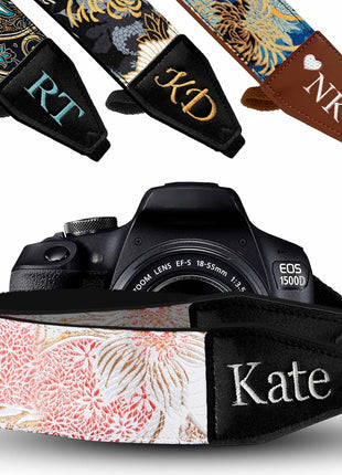 Camera Strap - Shoulder, Crossbody & Neck Camera Strap for Photographers, Fits All Cameras, Canon Nikon Sony Fujifilm, Padded Strap W/ Quick Release, Embroidered Cotton & Leather Ends, Blue