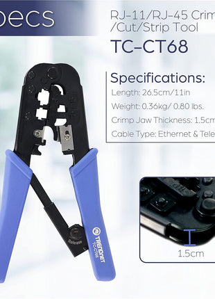 TRENDnet Crimping Tool, Crimp, Cut, And Strip Tool, For Any Ethernet or Telephone Cable, Built-In Cutter And Stripper, 8P-RJ-45 And 6P-RJ-12, RJ-11, All Steel Construction, Black, TC-CT68