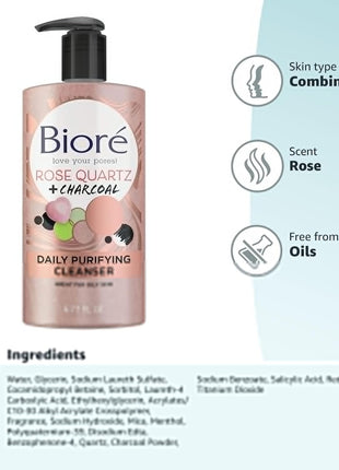 Bioré Rose Quartz + Charcoal Daily Purifying Cleanser,Oil Free Facial Cleanser Energizes Skin,Dermatologist Tested and Cruelty Free,6.77 oz,(Pack of 2)