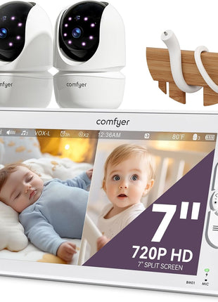 Comfyer BM01 7inch HD Split-Screen Baby Monitor, Video Baby Monitor with 2 Cameras and Audio, No WiFi Monitor with a Flexible Bracket, Up to 2 Days in VOX Mode with Sound Alert, 4X Zoom, Night Vision