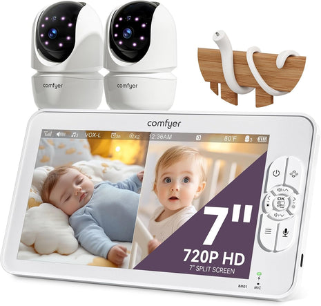 Comfyer BM01 7inch HD Split-Screen Baby Monitor, Video Baby Monitor with 2 Cameras and Audio, No WiFi Monitor with a Flexible Bracket, Up to 2 Days in VOX Mode with Sound Alert, 4X Zoom, Night Vision