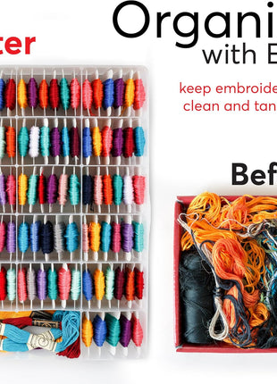 Embroidery Floss Organizer Box with 50 Cardboard Bobbins - 17 Compartments Clear embroidery thread organizer box, Snap-Tight Clear Sewing Organizer - Jewelry Bead Holder (Made in USA)