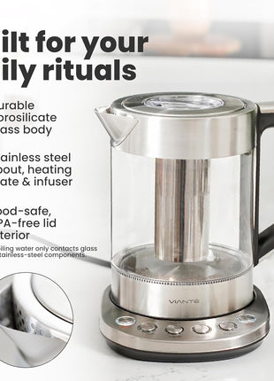 Viante Alba Electric Tea Kettle With Infuser, No Plastic, 1.5L | Borosilicate glass & 304 stainless steel construction. 4 temp presets, keep-warm, cordless, auto shut-off