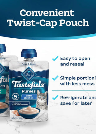 Blue Buffalo Tastefuls Purées Variety Pack, Natural Cat Food Complement, Resealable Twist Cap Pouches, Chicken and Tuna, 3-oz (Pack of 24), 12 of Each Flavor