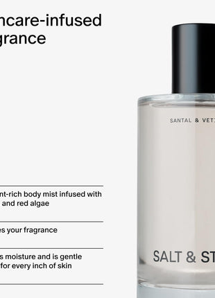 Salt & Stone Hair & Body Mist for Women & Men, Santal & Vetiver 3.4 fl oz | Body & Hair Mist, Warm & Woody Scented Body Spray, Gender Neutral Fragrance with Glycerin & Red Algae, Vegan, Paraben-Free