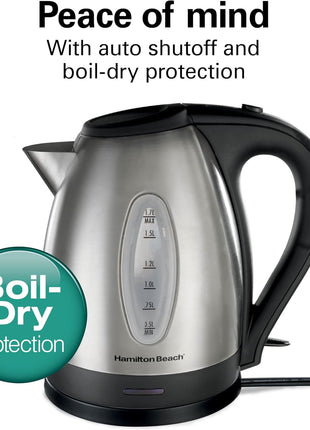 Hamilton Beach 1.7 Liter Electric Tea Kettle, Water Boiler & Heater | Fast Boiling 1500 Watts | BPA Free | Cordless Serving | Auto-Shutoff & Boil-Dry Protection | Stainless Steel | 40880G
