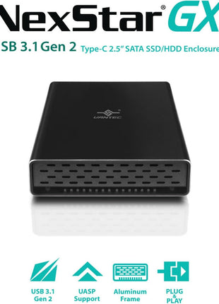 Vantec NexStar Gx USB 3.1 Gen 2 Type-C 2.5 inch SATA SSD/HDD Enclosure for 9.5mm & 7mm Height Drive; Comes with C to C and C to A Cable; Aluminum Casing; (NST-271C31-BK),Black