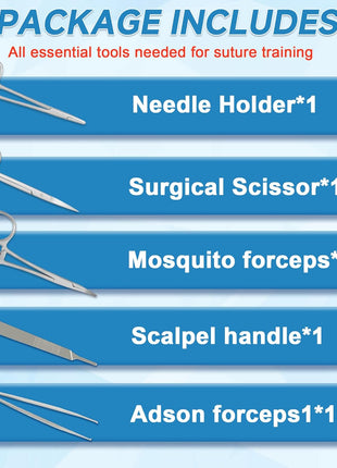 Suture Practice Kit with 240g Silicone Training Pad, Reusable Stitching Practice Set with Training Tools, 14 Practice Patterns, Educational Simulation Use Only