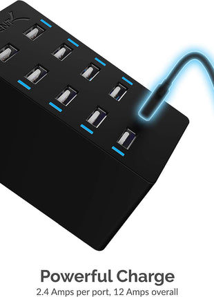 SABRENT 60W 10-Port USB Charging Station, Auto-Detect (AX-TPCS) | 12A family-sized desktop rapid charger; smart auto-detect USB ports; UL certified; black; usb power strip; usb charging hub