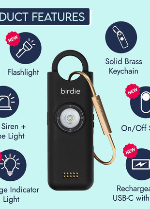 She's Birdie 3.0 New Version – The Original Personal Safety Alarm for Women by Women–Loud Siren, Flash Light and Rechargeable Battery in a Variety of Colors (Charcoal Black)
