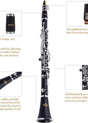 YANASON Bb clarinet for beginners, Bb nickel-plated 17-keys clarinet, suitable for students, professionals, school bands with Hard Foam Case,Barrels*2,Pads*8,Stand, Cleaning Kit,Gloves,Strap,Reeds*8