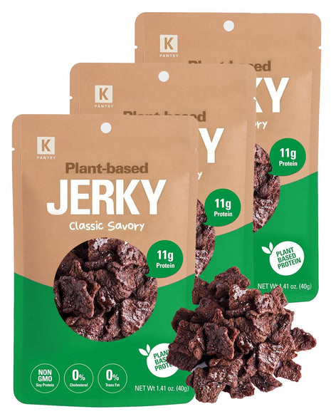 Vegan Jerky Korean Classic Savory – Umami Flavor 11g Plant-Based Non-GMO Soy Protein, Low-Fat On the Go Snack - 150 Calories Per Bag, 1.35oz. Pack of 3