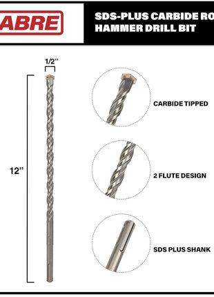 1/2 Inch x 12 Inch SDS Plus Rotary Hammer Drill Bit | Carbide Tipped for Brick, Stone, and Concrete (1/2" x 10" x 12")