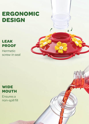 Hummingbird Feeder 10 oz [Set of 2] Plastic Hummingbird Feeders for Outdoors, with Built-in Ant Guard - Circular Perch with 5 Feeding Ports - Wide Mouth for Easy Filling/2 Part Base for Easy Cleaning