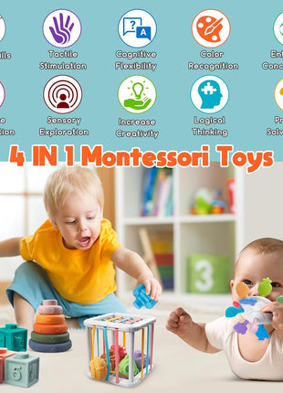 4-in-1 Montessori Baby Toy Set with Pull-String Teether Stacking Blocks | Stacking Rings, Baby Blocks, Sensory Cube, Bath Play, Color and Shape Matching, Fine Motor Practice, Montessori Baby Gifts