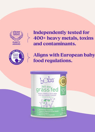 Bubs 365 Day Grass Fed Infant Formula with Iron, Cow Milk-Based Powder for Infants 0-12 Months, Made with Non-GMO Milk, 20 oz