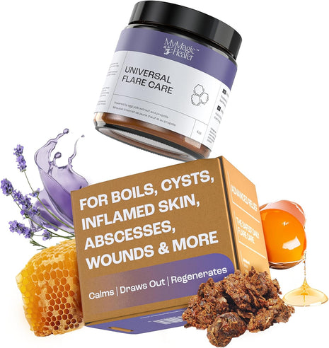 MyMagicHealer Universal Flare Care | Drawing Salve for HS, Boils, Cysts, Hemorrhoids, Pilonidal Cyst, Abscess | Anti Chafing, Wound Care, Relief for Itching Skin w/Propolis & Egg Yolk Extract 4 oz