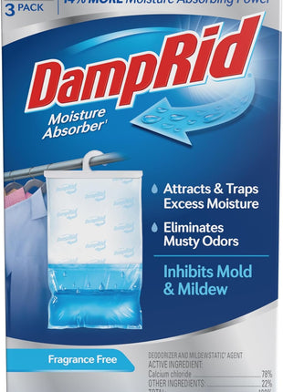 DampRid Fragrance Free Hanging Moisture Absorber, 16 oz., 3 Pack   Eliminates Musty Odors for Fresher Air, Ideal Moisture Absorbers for Closet, 14% More Moisture Absorbing Power*