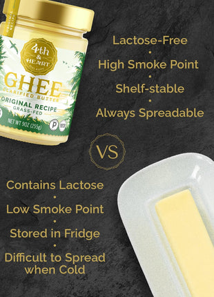 4th & Heart Original Grass-Fed Ghee, Clarified Butter, 1:1 Butter Substitute, Pasture-Raised, Lactose & Casein Free, 9 oz