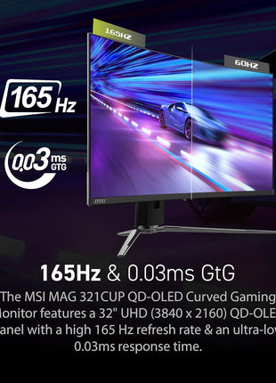 msi MAG 321CUP QD-OLED, 32-Inch, 4K UHD, 3840x2160, OLED Monitor, 165Hz, 0.03ms, DisplayHDR True Black 400, G-SYNC Compatible, HDMI 2.1, DP 1.4a, USB C (15W PD), Tilt/Height Adjustable, Black