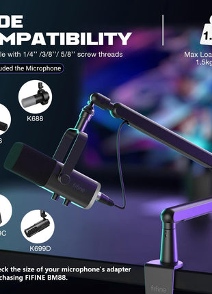 FIFINE Microphone Boom Arm, Low Profile Adjustable Stick Microphone Arm Stand with Desk Mount Clamp, Screw Adapter, Cable Management, for Podcast Streaming Gaming Studio-BM88