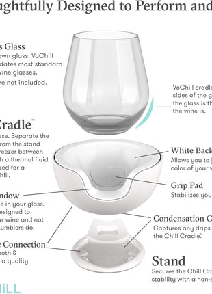 VoChill Stemless Wine Glass Chiller | Keep the Chill In Your Glass | Made in the USA | Separable & Refreezable Chill Cradle | Actively Chills Stemless Glassware | Quartz, Single Stemless