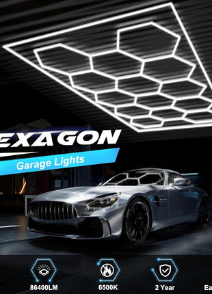 FERUERW Hexagon Garage Lights with Rectangle Frame, High Brightness 672W 86400LM 6500K, 14 Hex Grid for Garage, Shop, Basement, Car Detailing Shop etc. with Mounting Clip