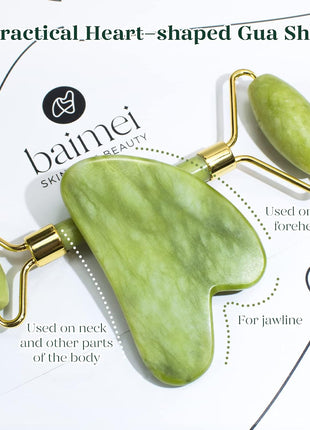 BAIMEI IcyMe Gua Sha & Jade Roller Facial Tools Face Roller and Gua Sha Set for Puffiness and Redness Reducing Skin Care Routine, Self Care Gift for Men Women - Green