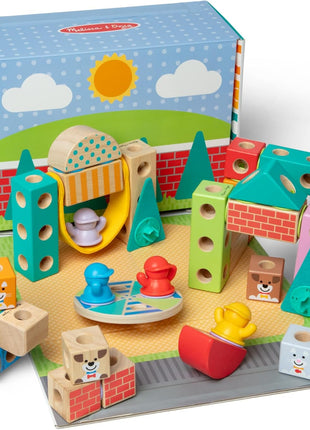 Melissa & Doug BlockablesTM Town Snap and Play, Mix and Match Connectable Wooden Building Blocks Play Set Toy for Preschool Boys and Girls (73 Pcs)