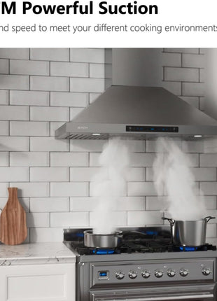 IKTCH 30-inch Wall Mount Range Hood 900 CFM Ducted/Ductless Convertible, Kitchen Chimney Vent Stainless Steel with Gesture Sensing & Touch Control Switch Panel, 2 Pcs Adjustable Lights(IKP02-30'')