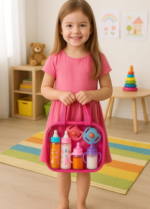 fash n kolor® My Sweet Baby Disappearing Doll Feeding Set, Baby Care 6 Piece Doll Feeding Set - for Toy Stroller | 2 Milk & Juice Bottles with 2 Toy Pacifier for Baby Dolls Set - Kids Gift Set