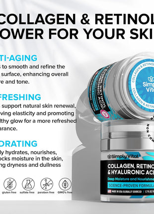 SimplyVital Face Moisturizer Retinol Collagen Hyaluronic Acid Cream 1.7 oz | Anti-Aging, Moisturizer Face Cream for Women & Men, Visibly Firming, Hydrating Neck Care, Day & Night Skin Care, Silky Feel
