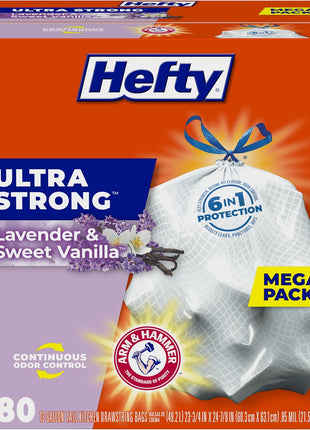 Hefty Ultra Strong 13 Gal Kitchen Trash Bags, White, Lavender Vanilla, 80ct | 13G Tall White Trash Bags with Drawstrings for Kitchen and Home Use, Resists Leaks, Punctures, Rips, Continuous Odor Control