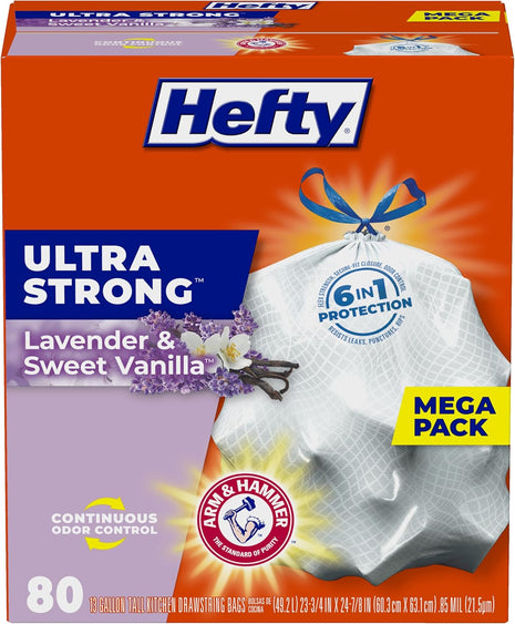 Hefty Ultra Strong 13 Gal Kitchen Trash Bags, White, Lavender Vanilla, 80ct | 13G Tall White Trash Bags with Drawstrings for Kitchen and Home Use, Resists Leaks, Punctures, Rips, Continuous Odor Control