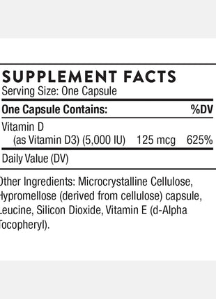 THORNE   Vitamin D 5000   Vitamin D3 Supplement   Support Healthy Bones, Teeth, Muscles, Cardiovascular, and Immune Function*   NSF Certified for Sport   Dairy Free, Soy Free   60 Capsules
