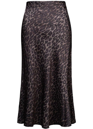 Soowalaoo High Waisted Leopard Midi Length Skirt Hidden Elasticized Waistband Silk Satin Summer Casual Trendy Ladies Skirts M