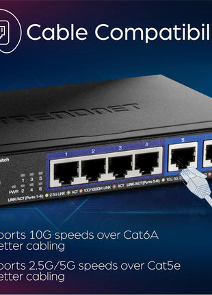 TRENDnet 6-Port 10G Switch, 4 x 2.5G RJ-45 Base-T Ports, 2 x 10G RJ-45 Ports, 60Gbps Switching Capacity, Wall Mountable, 10 Gigabit Network Connections, Lifetime Protection, Black, TEG-S762