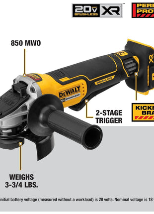 DEWALT 20V MAX* Angle Grinder Tool Cordless Brushless, 4 1/2 Inch, with Paddle Switch and Kickback Brake, Tool Only (DCG413B)