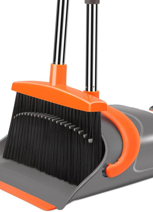 Broom and Dustpan Set for Home, Broom and Dustpan Combo for Office, Long Handle Broom with Upright Standing Dust pan,Indoor&Outdoor Sweeping (Gray&Orange)