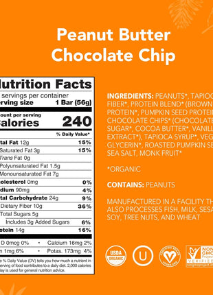 ALOHA Organic Plant Based Protein Bar | Peanut Butter Chocolate Chip, 12 Ct | 14g Plant-Based Protein, 10g Fiber, 5g Sugar | GLP-1 & Keto Friendly, No Sugar Alcohols | Non-GMO, Vegan & Dairy Free