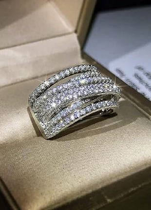 S925 Sterling Silver Luxury Fashion Shiny Full Diamond Multilayer Geometric Ring Cubic Zirconia Rings Anniversary Ring CZ Diamond Eternity Engagement Wedding Rings Women Jewelry Size 6-10 CZC704