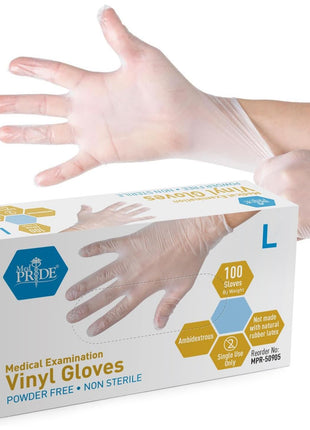 MED PRIDE Medical Vinyl Examination Gloves (Large, 100-Count) Latex & Rubber Free, Ultra-Strong, Clear Disposable Powder-Free Gloves for Healthcare & Food Handling Use