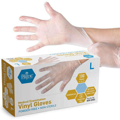 MED PRIDE Medical Vinyl Examination Gloves (Large, 100-Count) Latex & Rubber Free, Ultra-Strong, Clear Disposable Powder-Free Gloves for Healthcare & Food Handling Use