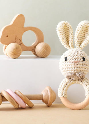 let's make Wooden Baby Rattle 3 PCS Push Car Rattle Set Crochet Rattle Ring Wooden Montessori Toy for Newborn Infant Baby Gifts (Rabbit Rattle)
