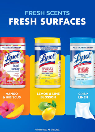 Lysol Disinfecting Wipes, Cleaner, Lemon + Mango + Linen, 80 ct. (4 Pack) | All Purpose Cleaner, Sanitizing, Deodorizing, Apartment Essentials, Back To School Cleaning Supplies, Kitchen & Bathroom Wipe