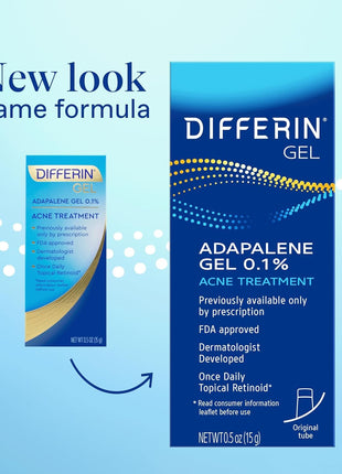 Differin Acne Treatment Gel, 30 Day Supply, Retinoid Treatment for Face with 0.1% Adapalene, Gentle Skin Care for Acne Prone Sensitive Skin, 15g Tube (Packaging May Vary)