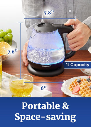 Elite Gourmet EKT1001 1.0L Glass Kettle, 1100W, Cordless Base, Black | BPA-Free Glass, Blue LED Interior, 360° Base, Auto Shut-Off Function, Quickly Boil Water for Tea & More