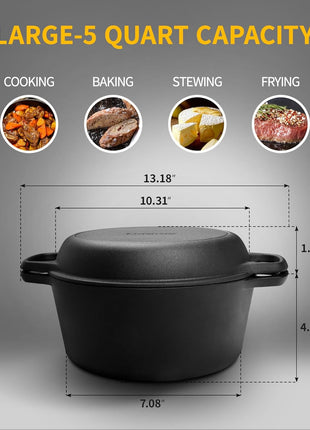 EDGING CASTING 2-in-1 Pre-Seasoned Cast Iron Dutch Oven Pot with Skillet Lid Cooking Pan, Cast Iron Skillet Cookware Pan Set with Dual Handles, Indoor Outdoor for Bread/Frying/Baking/Camping/BBQ, 5 Qt