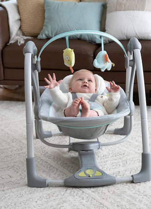 Ingenuity Swing 'n Go 5-Speed Baby Swing - Foldable, Portable, 2 Plush Toys & Sounds, 0-9 Months 6-20 lbs (Hugs & Hoots)