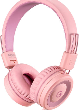 noot products Kids Headphones K11 Foldable Stereo Tangle-Free 5ft Long Cord 3.5mm Jack Plug in Wired On-Ear Headset for iPad/Girls/Boys/School/Laptop/Travel/Plane/Tablet-Soft Pink